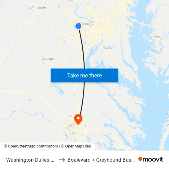 Washington Dulles Airport to Boulevard + Greyhound Bus Station map