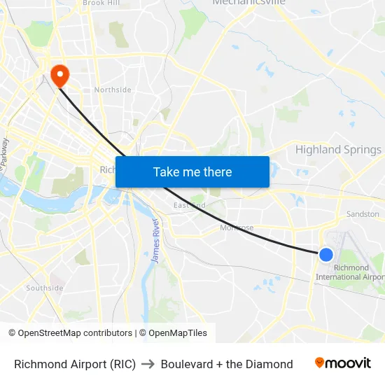 Richmond Airport (RIC) to Boulevard + the Diamond map