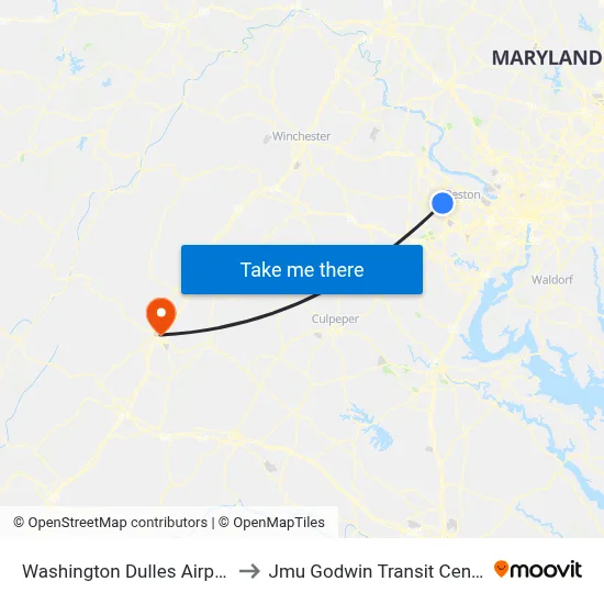 Washington Dulles Airport to Jmu Godwin Transit Center map