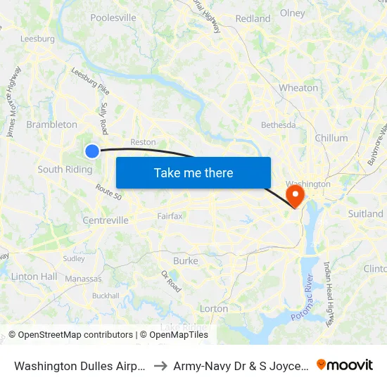 Washington Dulles Airport to Army-Navy Dr & S Joyce St map