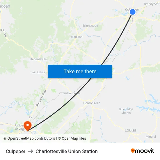 Culpeper to Charlottesville Union Station map