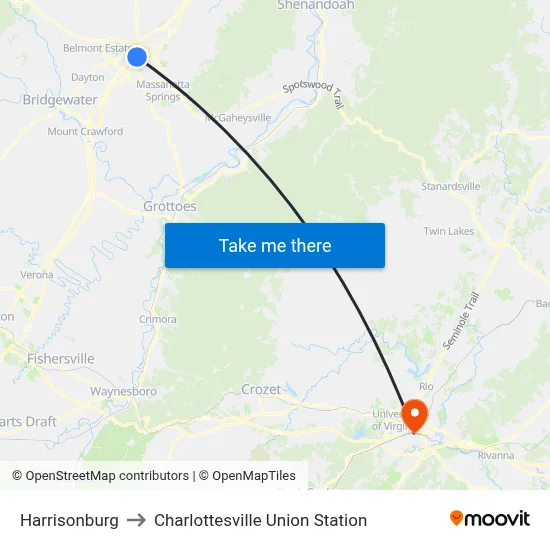 Harrisonburg to Charlottesville Union Station map