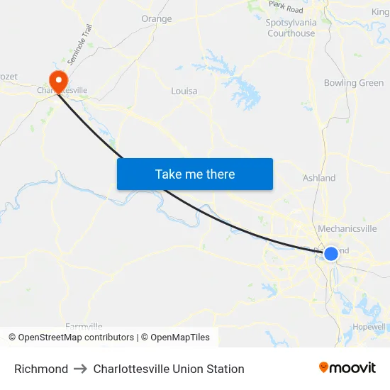 Richmond to Charlottesville Union Station map