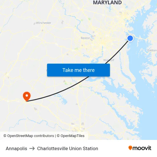 Annapolis to Charlottesville Union Station map
