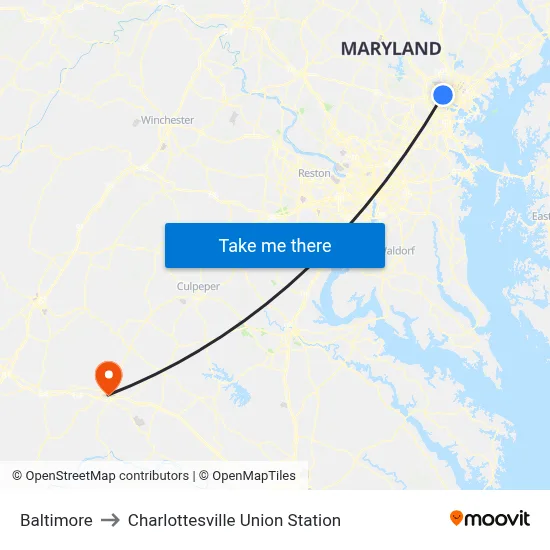 Baltimore to Charlottesville Union Station map