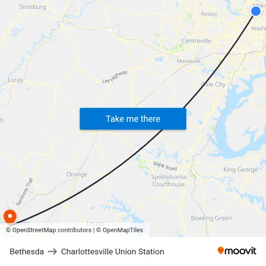 Bethesda to Charlottesville Union Station map