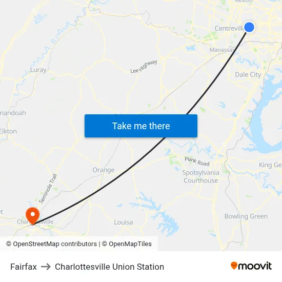 Fairfax to Charlottesville Union Station map