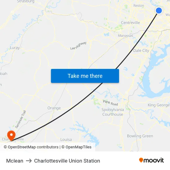 Mclean to Charlottesville Union Station map