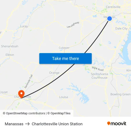 Manassas to Charlottesville Union Station map