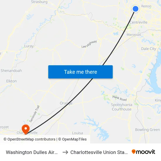 Washington Dulles Airport to Charlottesville Union Station map