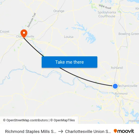 Richmond Staples Mills Station to Charlottesville Union Station map