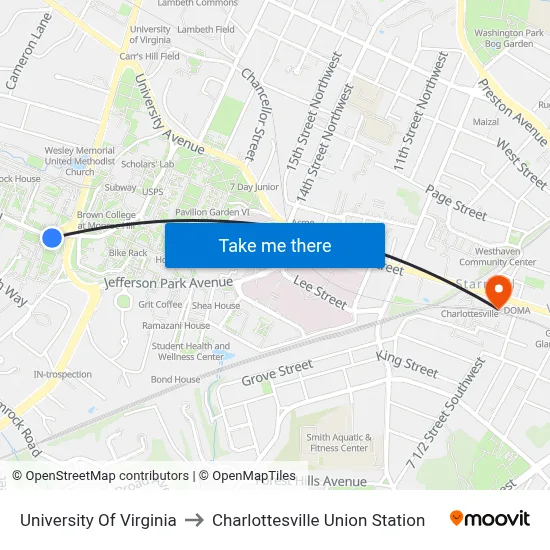 University Of Virginia to Charlottesville Union Station map