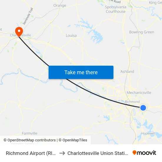 Richmond Airport (RIC) to Charlottesville Union Station map