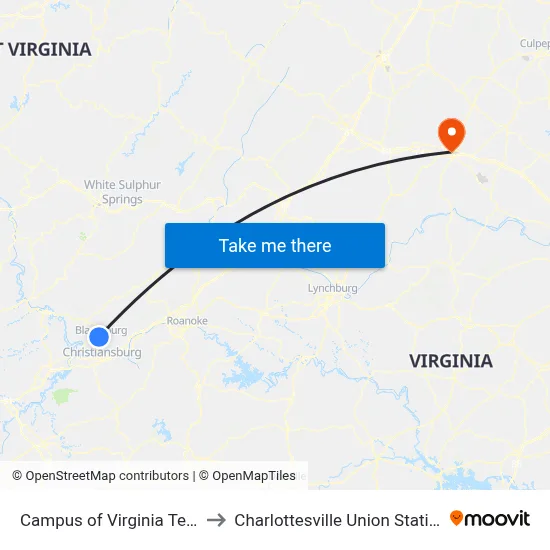 Campus of Virginia Tech to Charlottesville Union Station map