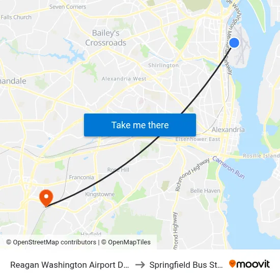 Reagan Washington Airport DCA to Springfield Bus Stop map