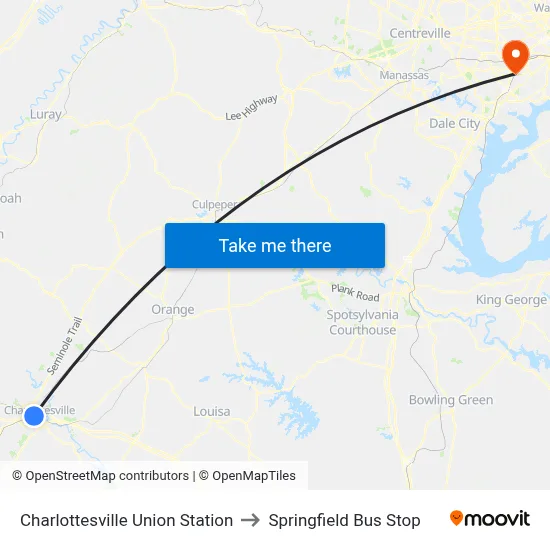 Charlottesville Union Station to Springfield Bus Stop map