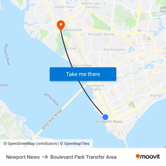 Newport News to Boulevard Park Transfer Area map