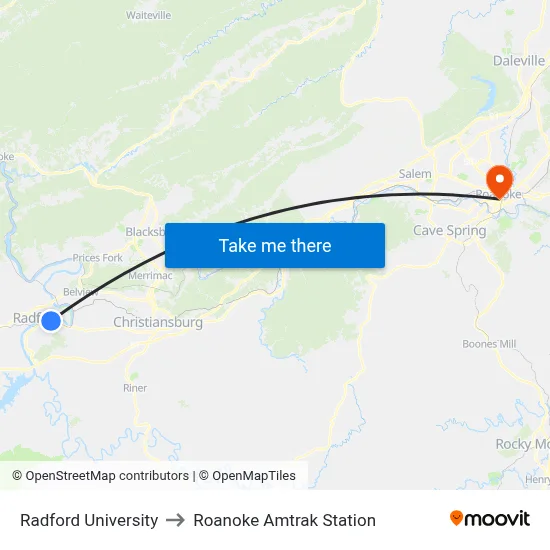 Radford University to Roanoke Amtrak Station map
