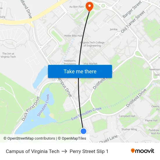 Campus of Virginia Tech to Perry Street Slip 1 map