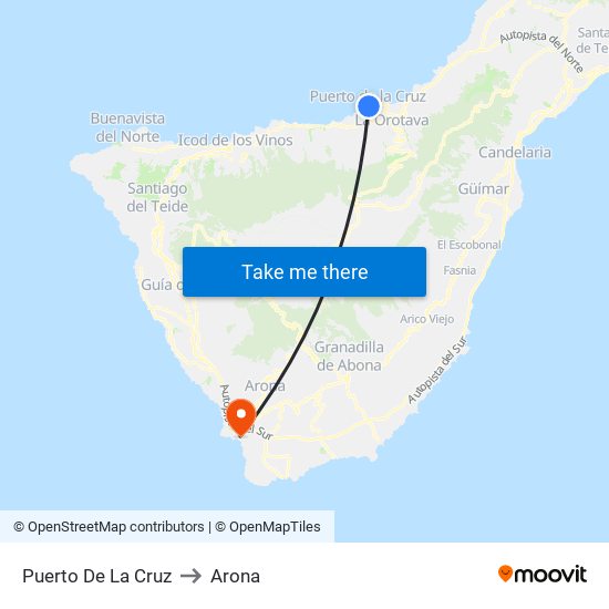 Puerto De La Cruz to Arona map