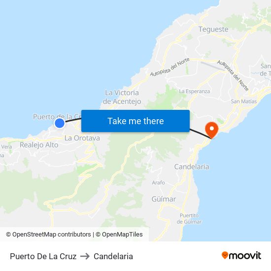 Puerto De La Cruz to Candelaria map