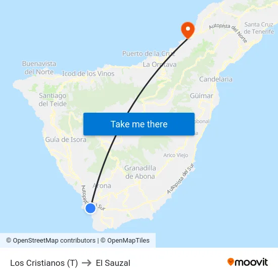 Los Cristianos (T) to El Sauzal map