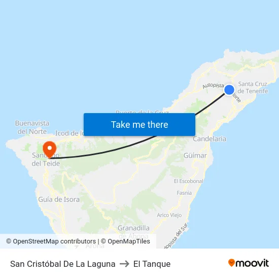 San Cristóbal De La Laguna to El Tanque map