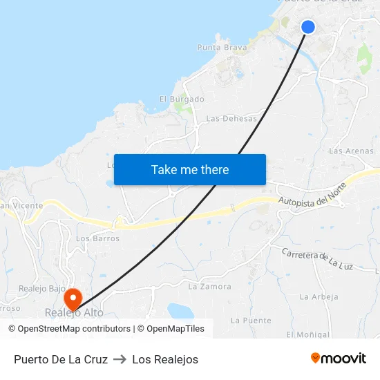 Puerto De La Cruz to Los Realejos map