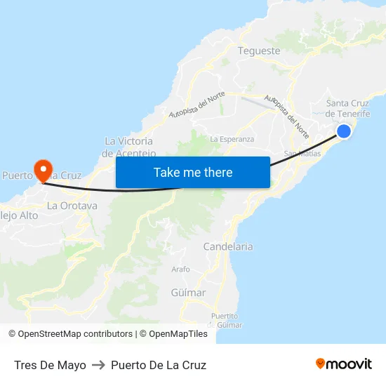 Tres De Mayo to Puerto De La Cruz map