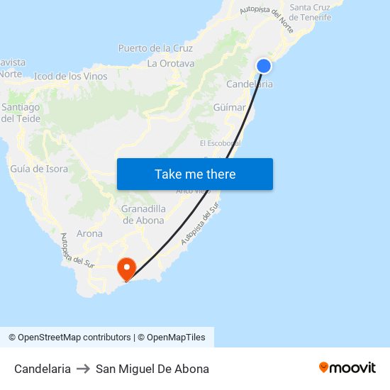 Candelaria to San Miguel De Abona map