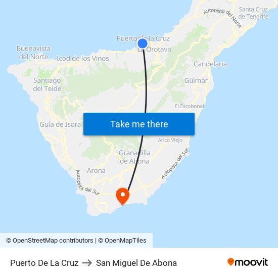 Puerto De La Cruz to San Miguel De Abona map