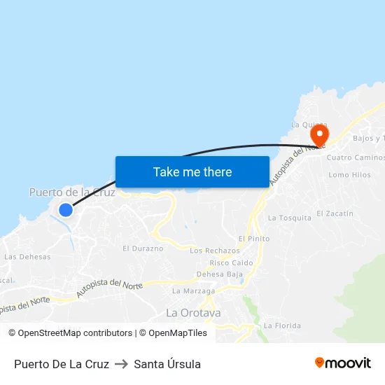 Puerto De La Cruz to Santa Úrsula map