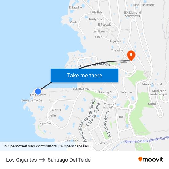 Los Gigantes to Santiago Del Teide map