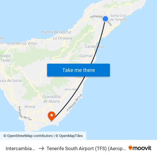 Intercambiador Laguna (T) to Tenerife South Airport (TFS) (Aeropuerto de Tenerife Sur-Reina Sofía) map