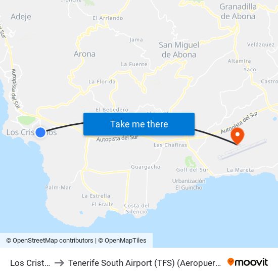 Los Cristianos (T) to Tenerife South Airport (TFS) (Aeropuerto de Tenerife Sur-Reina Sofía) map