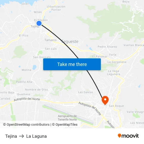 Tejina to La Laguna map