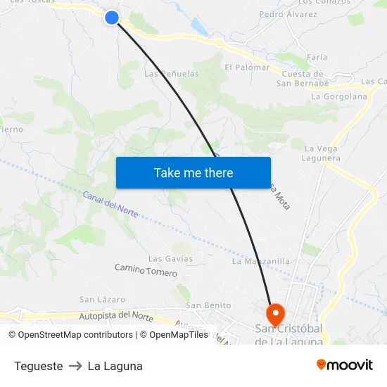 Tegueste to La Laguna map