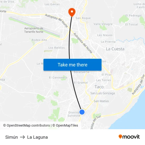 Simún to La Laguna map