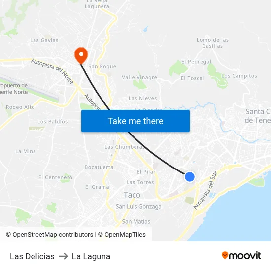 Las Delicias to La Laguna map