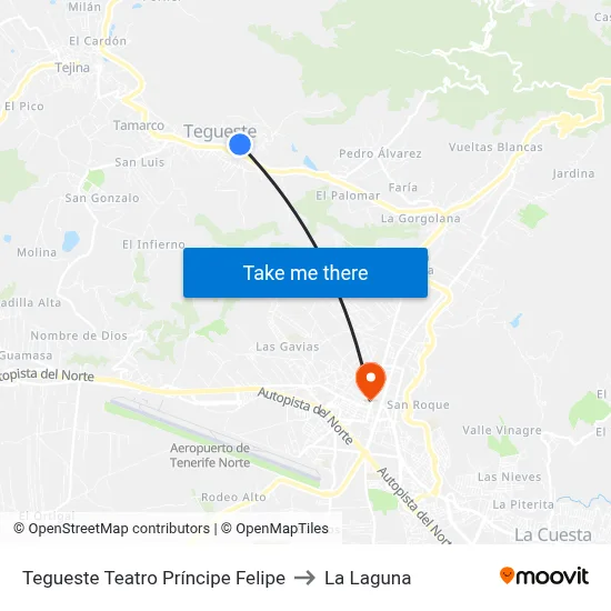 Tegueste Teatro Príncipe Felipe to La Laguna map