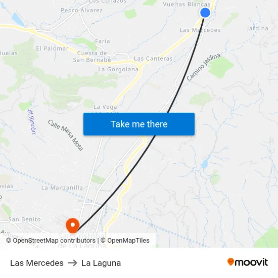 Las Mercedes to La Laguna map