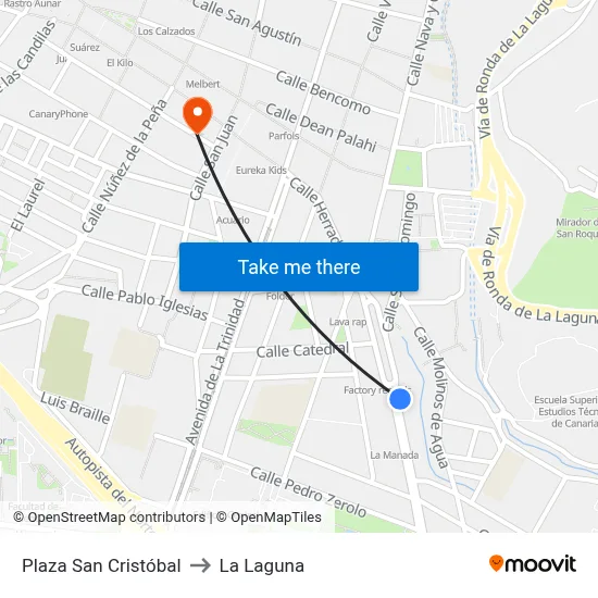 Plaza San Cristóbal to La Laguna map