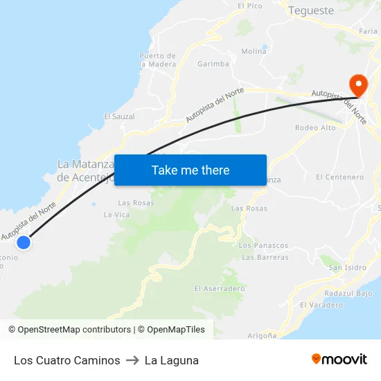 Los Cuatro Caminos to La Laguna map