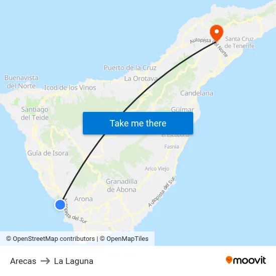 Arecas to La Laguna map
