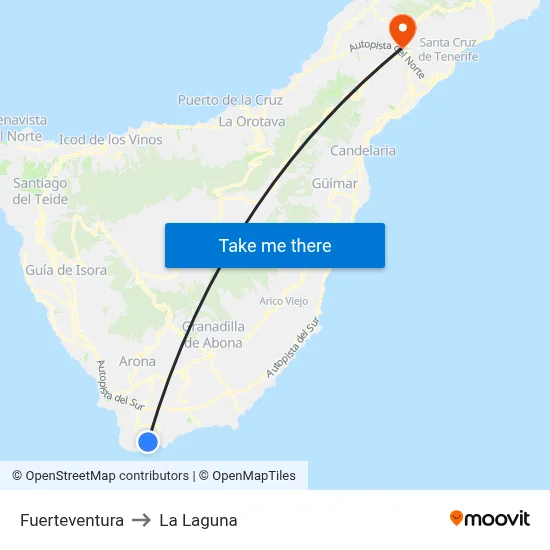 Fuerteventura to La Laguna map