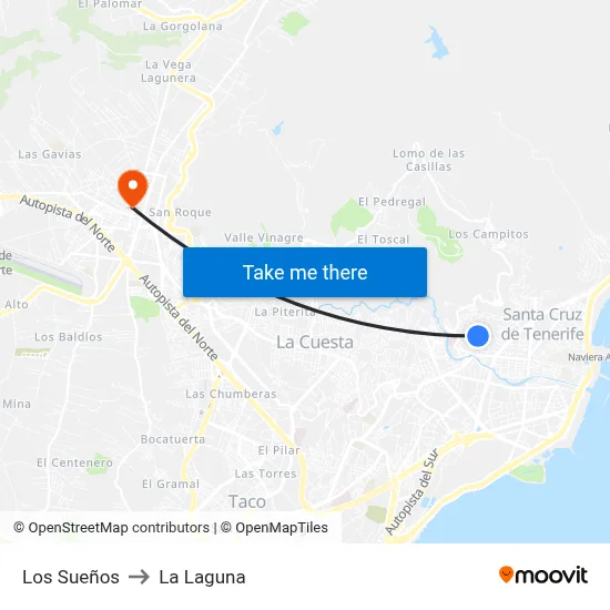 Los Sueños to La Laguna map