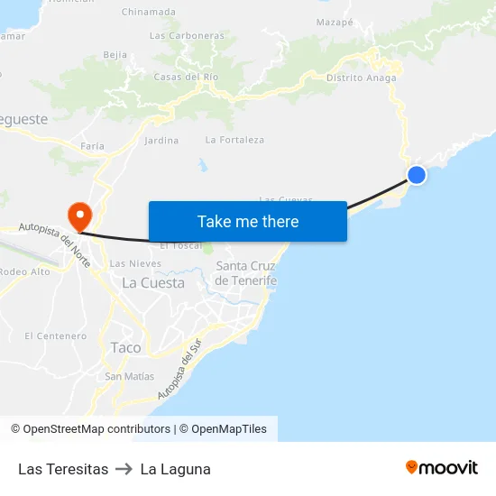Las Teresitas to La Laguna map