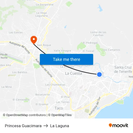 Princesa Guacimara to La Laguna map