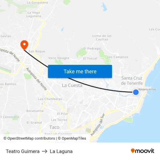 Teatro Guimera to La Laguna map