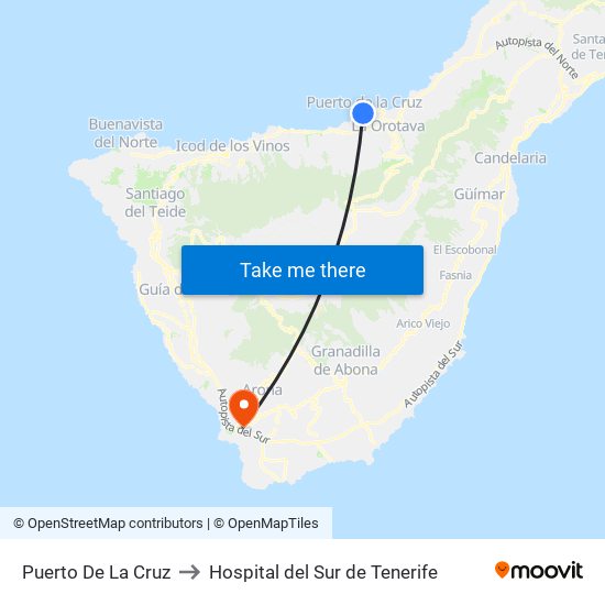 Puerto De La Cruz to Hospital del Sur de Tenerife map